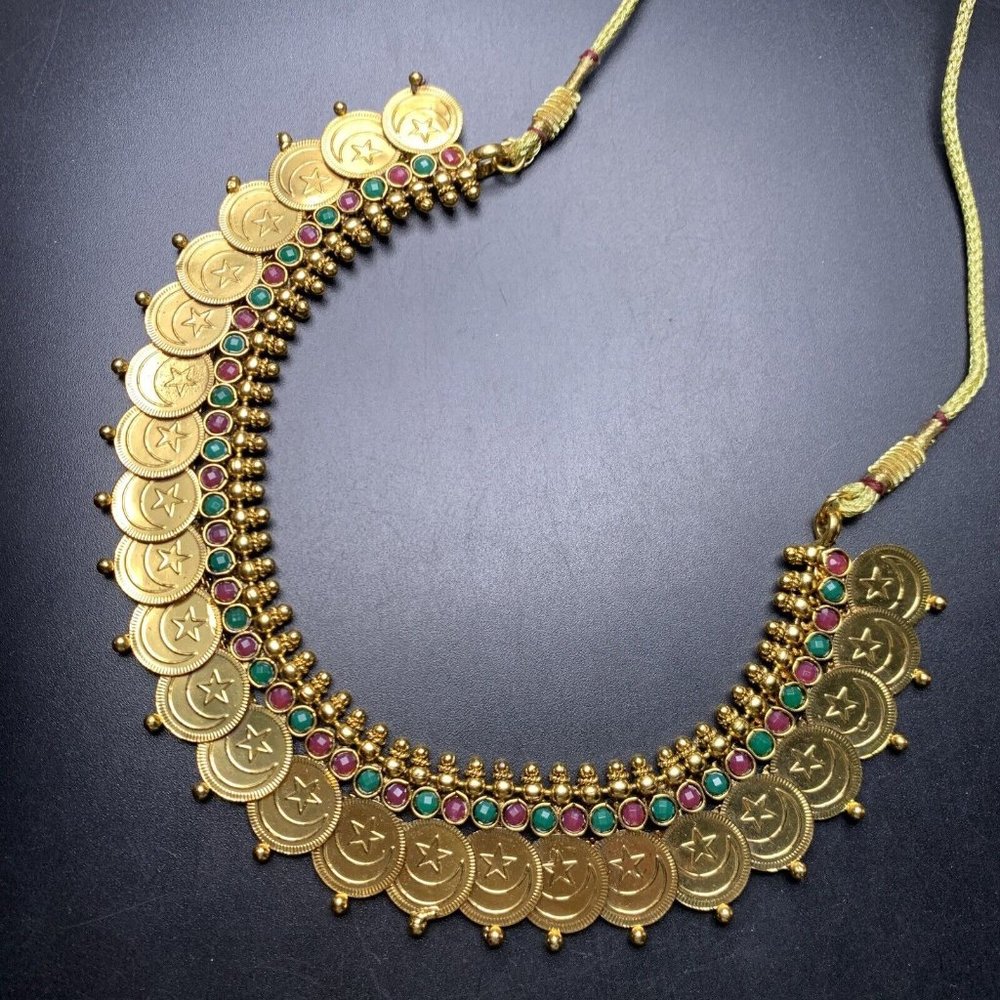 India Style Necklace Bollywood Wedding Look Gold Tone Faux Coin Red Green Boho